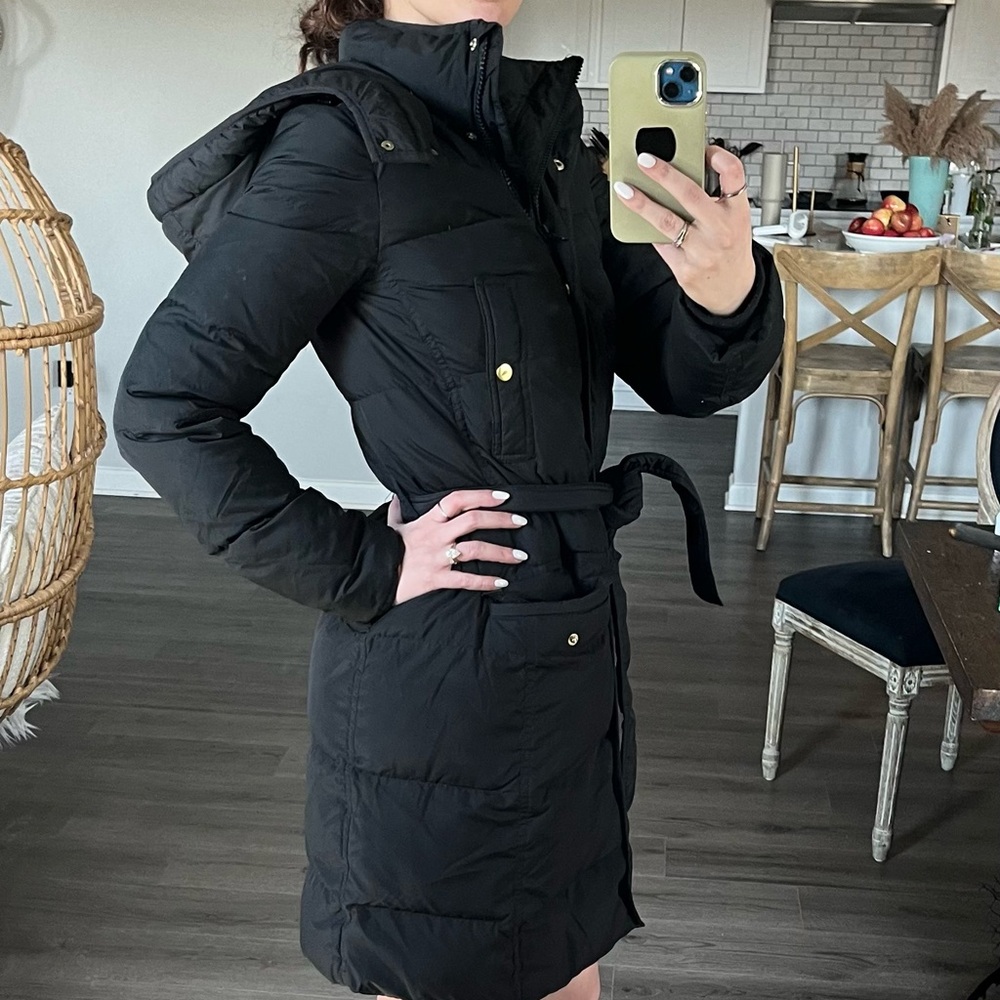JCrew Black Down Puffer Coat with belt and detachable hood XS